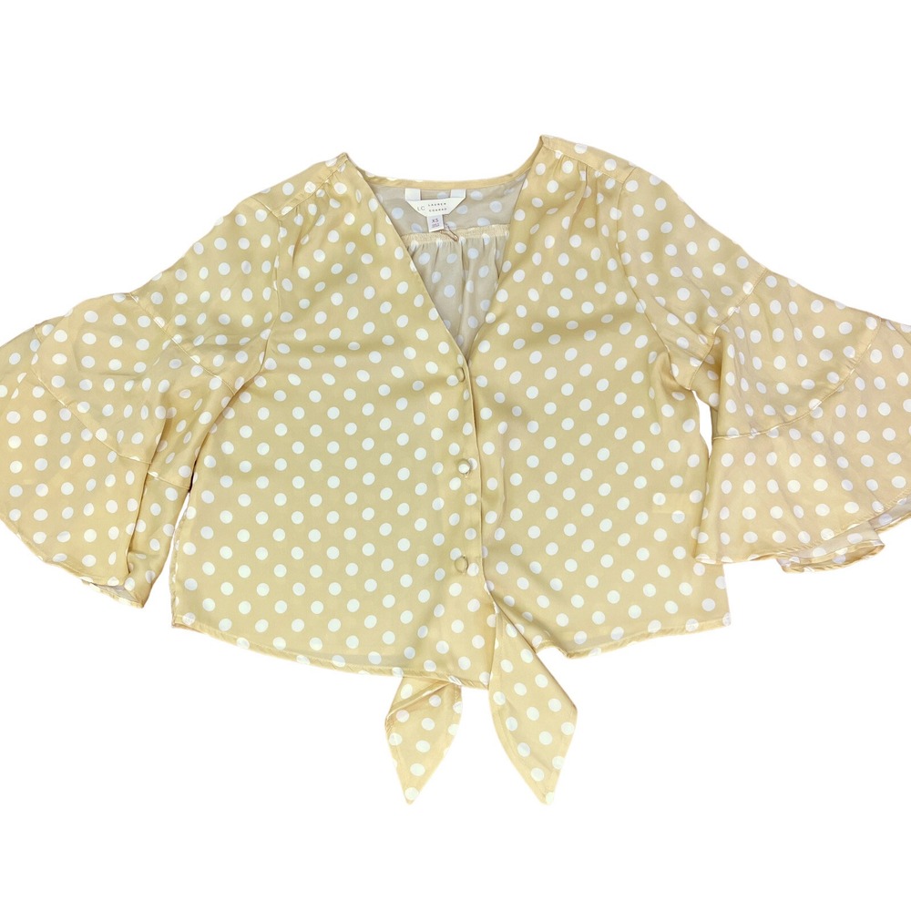 Lauren Conrad Short Flutter Sleeve Blouse Yellow White Polka Dot XS Tie Crop Top
